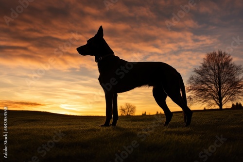 silhouette of a dog at sunset in a grassy park