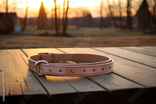 empty dog collar on a wooden park table