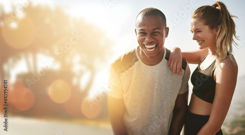 Fototapeta Naklejka Na Ścianę i Meble -  Happy, couple and portrait for fitness mockup in nature with exercise goals and outdoor summer sports at sunrise. Healthy, training and people smile with happiness in cardio workout or hiking
