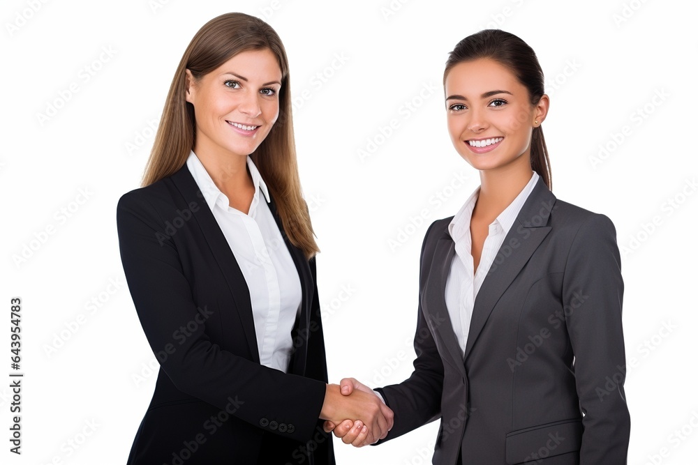2 female business woman shaking hands on white background 2 female business woman shaking hands on white background