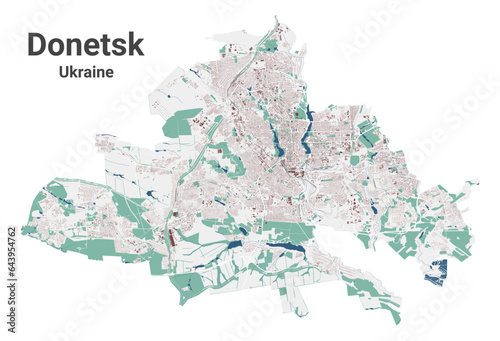 Donetsk map, oblast center city in Ukraine. Municipal administrative area map with buildings, rivers and roads, parks and railways.