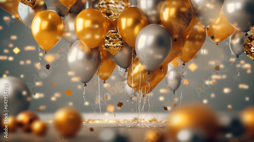 Celebration banner background with gold confetti and balloons, generative ai