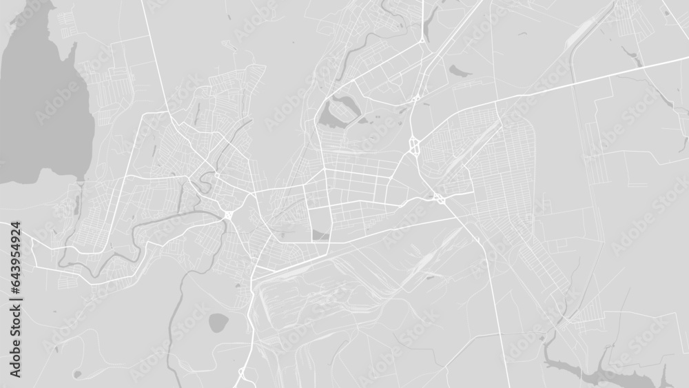 Background Kryvyi Rih map, Ukraine, white and light grey city poster. Vector map with roads and water. Widescreen proportion, flat design roadmap.