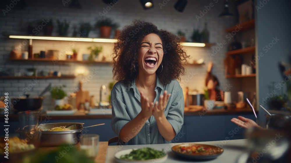 Young woman laughs while cooking in the kitchen
