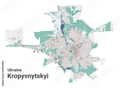 Kropyvnytskyi map, oblast center city in Ukraine. Municipal administrative area map with buildings, rivers and roads, parks and railways.