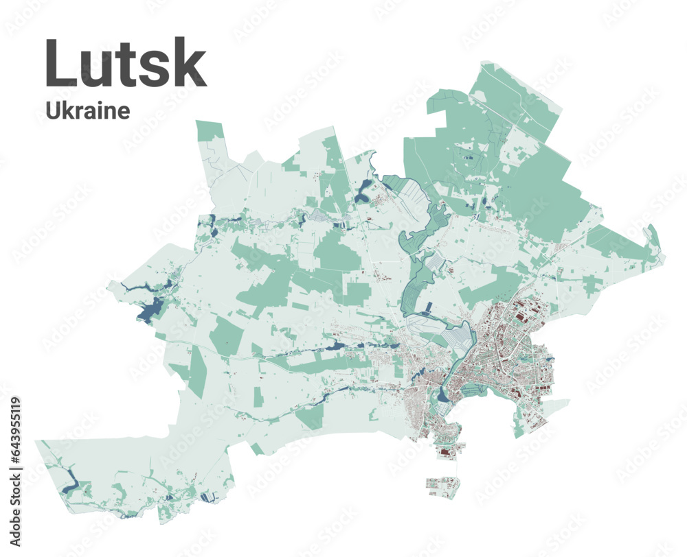 Lutsk map, oblast center city in Ukraine. Municipal administrative area map with buildings, rivers and roads, parks and railways.