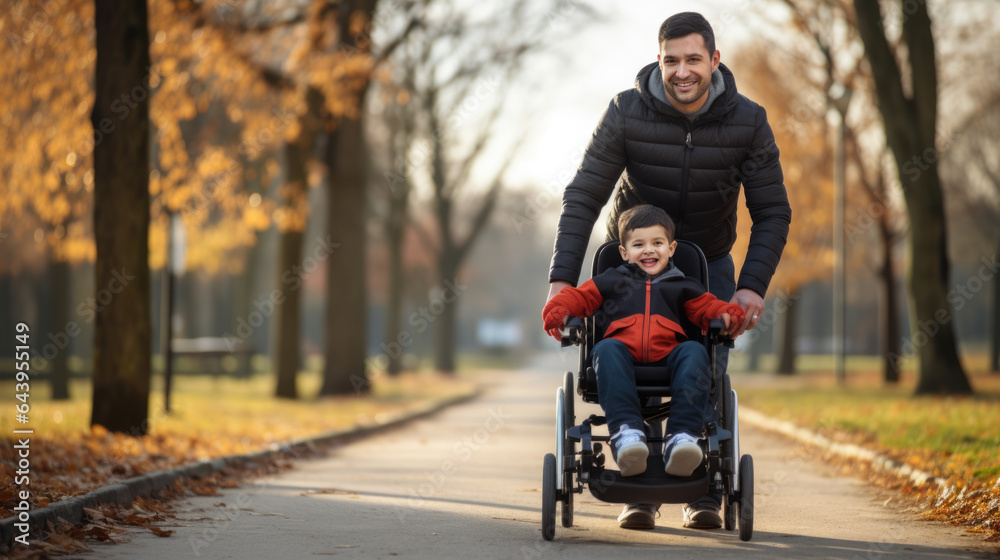 Father drives his son in a wheelchair through a fall park Father drives his son in a wheelchair through a fall park