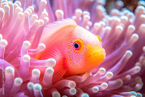 Skunk Clown fish swimming among sea anemones, Ecosystem and conservation environment