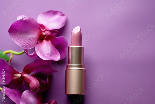 Composition of lipstick and purple orchid flowers to advertise cosmetic products, soft gradient background