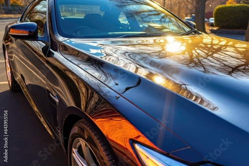 shiny car hood reflecting sunlight after waxing