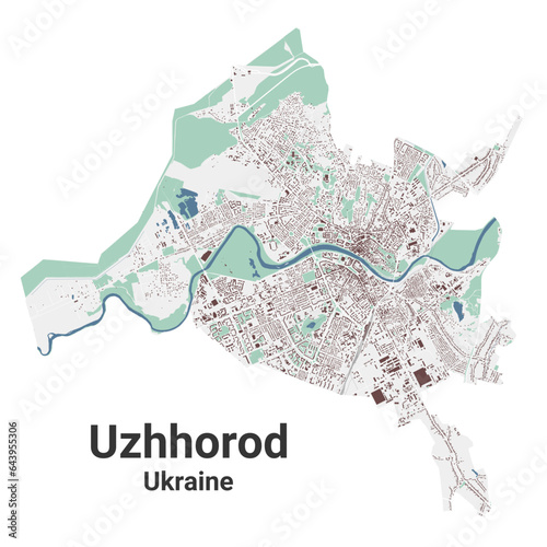 Uzhhorod map, oblast center city in Ukraine. Municipal administrative area map with buildings, rivers and roads, parks and railways.