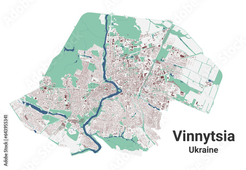 Vinnytsia map, oblast center city in Ukraine. Municipal administrative area map with buildings, rivers and roads, parks and railways.