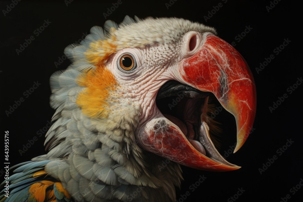 close-up of a sneezing parrot, feathers slightly ruffled