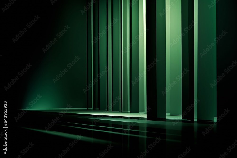 illuminated green neon steps leading into the depth, showcasing modern design with dramatic lighting