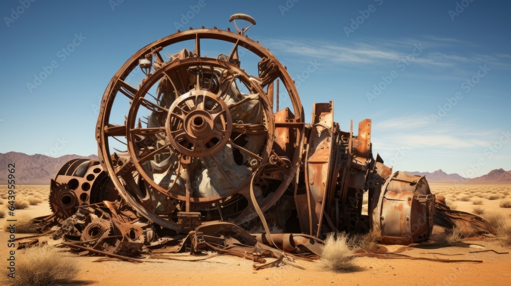 Vintage, rusted-out mechanical relics in a desert