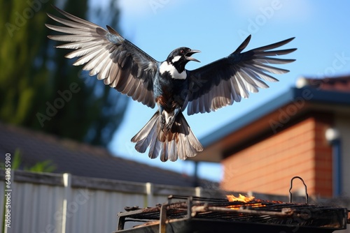 a magpie swooping to grab a piece of meat from a barbecue grill
