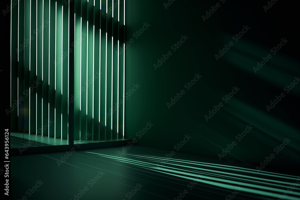 illuminated green neon steps leading into the depth, showcasing modern design with dramatic lighting