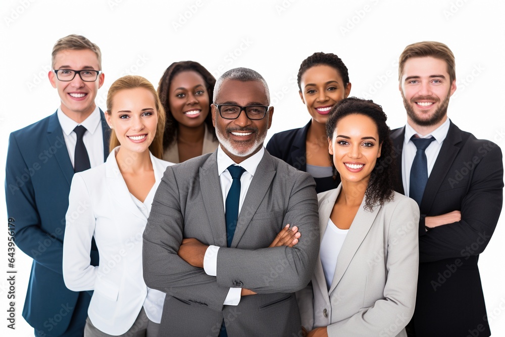 a multi cultural business team stood together on white background