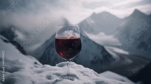 Glass of hot red wine close-up  background of snow-capped ski peaks of mountains. AI generated.