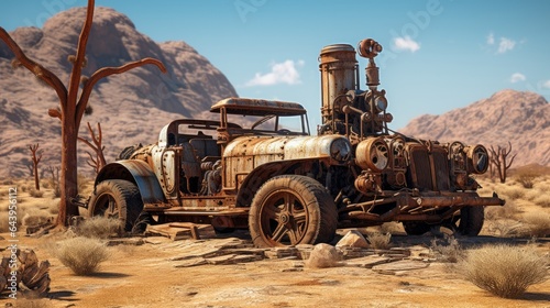 Vintage, rusted-out mechanical relics in a desert