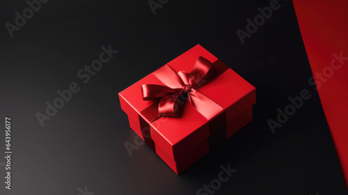 Gift red box with a ribbon for the holiday, black background. AI generated.