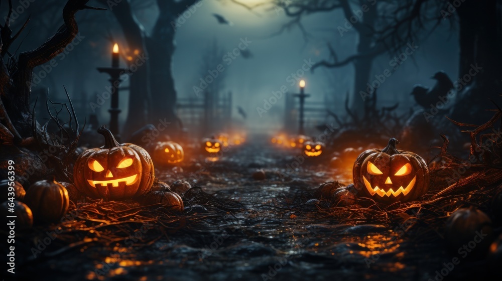 Fototapeta premium Dark tones Halloween composition in sinister cemetery alley under moonlight. Spooky pumpkin jack-o-lanterns, burning candles, gnarled bare trees, night fog. Halloween celebration concept.