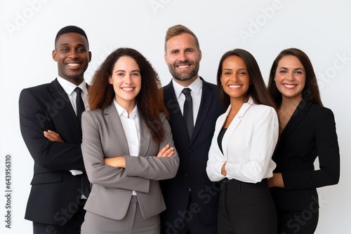 a multi cultural business team stood together on white background