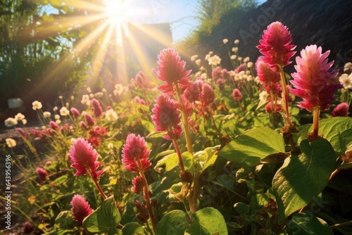 bright sunlight streaming onto a patch of clover flowers © altitudevisual