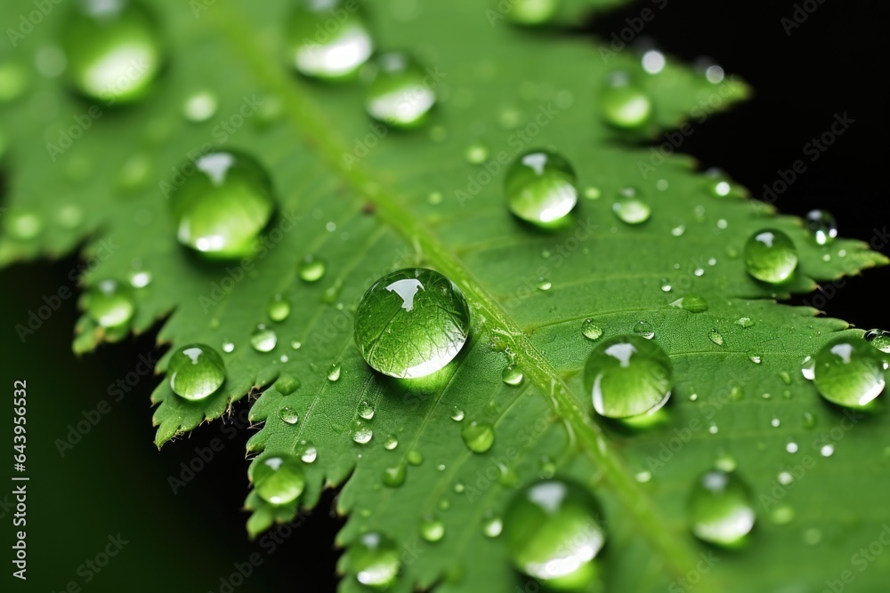 detailed shot of dew drops on a vivid green fern leaf