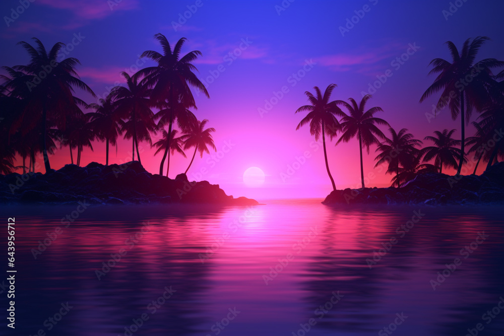 Tropical beach at sunset. Created with generative Ai technology.