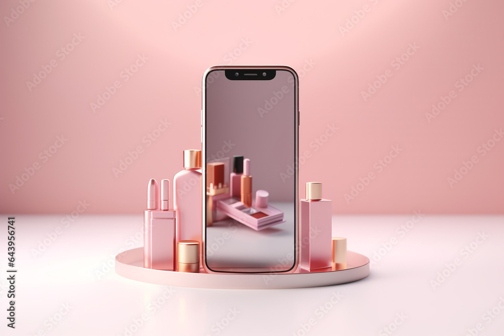 3d Smartphone with cosmetic shop.online shopping concept.Created with Generative AI technology. - obrazy, fototapety, plakaty 