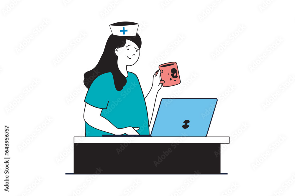 Medical service concept with people scene in flat web design. Woman works as receptionist and nurse at reception in clinic or hospital. Vector illustration for social media banner, marketing material.