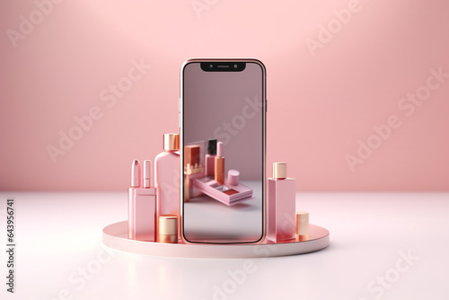 Obraz 3d Smartphone with cosmetic shop.online shopping concept.Created with Generative AI technology.