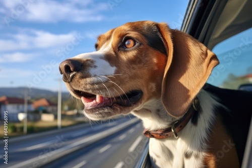 a beagle with its head out of a van window, ears flapping in the wind