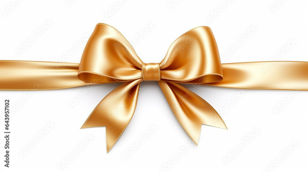 Decorative golden bow with long ribbon isolated on white background, generative AI Decorative golden bow with long ribbon isolated on white background, generative AI