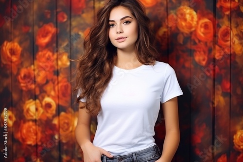 female model wearing white tshirt for mock up with halloween themed background