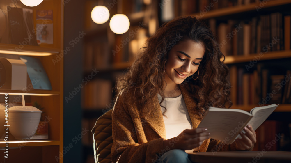 Teen girl reading a book in the library Teen girl reading a book in the library