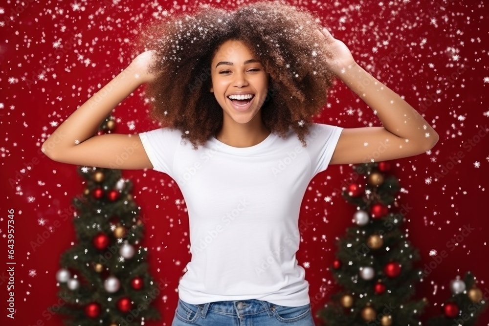 white tshirt worn by female model on christmas themed background for mock up