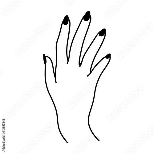 Female hand with spread fingers gesture. Linear icon. Non-verbal language. Elegant palm of hand. Woman's arm. Simple vector minimalist illustration. Graphic element isolated on white background.