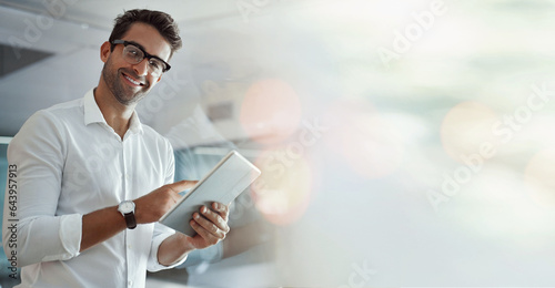 Portrait, business and man with a tablet, banner and connection with network, typing and contact. Face, person and employee with overlay, bokeh and technology for research, internet and website info