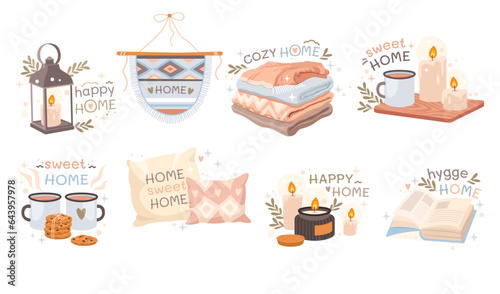 Happy cozy sweet home hygge composition with design item and hand-drawn lettering isolated set