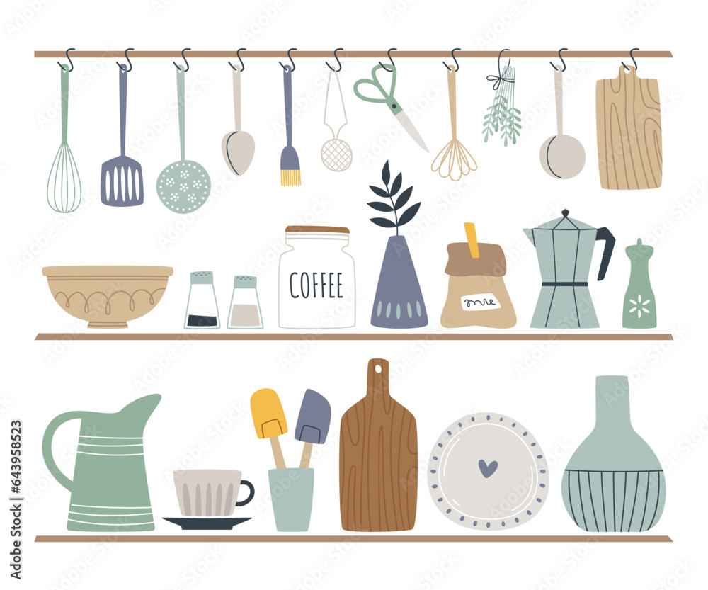 Various kitchenware and utensils doodles for food preparation on shelves and hanging on hooks