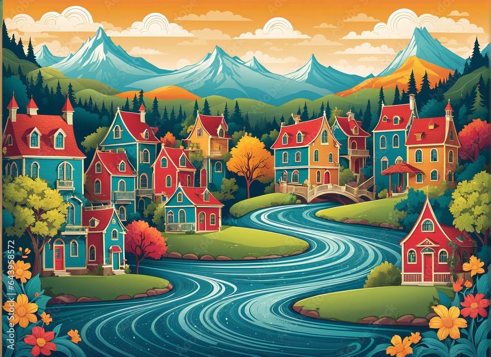 illustration of the village next to the river, flat color,