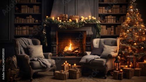 Interior of luxury classic living room with Christmas decor. Blazing fireplace, garlands and burning candles, elegant Christmas tree, gift boxes, bookcases. Magical Christmas celebration concept.