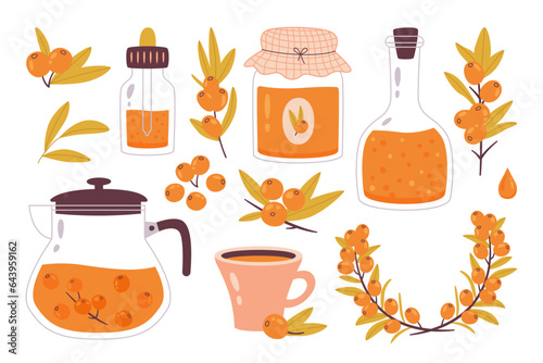 Sea buckthorn berry, sweet food product, nourishing oil and drink, dietary supplement isolated set