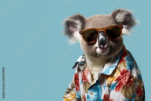 Koala in a Hawaiian shirt with glasses isolated on a pastel blue background