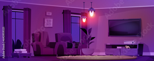 Home living room interior at night cartoon vector background. Modern house apartment with cozy armchair, tv and carpet of floor. 2d comfortable furnished flat livingroom with lamp light glow.