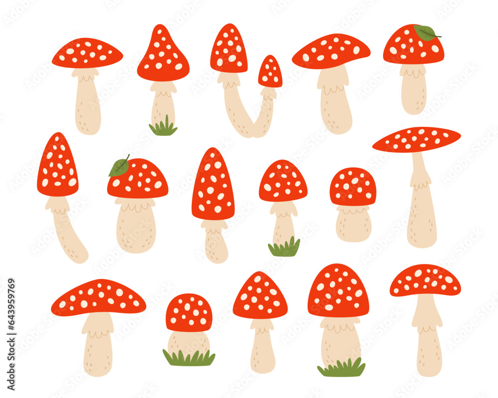 Fly agaric mushroom forest dangerous poisonous fungus vector illustration set isolated on white