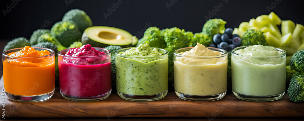 A close-up shot of a colorful medley of pureed vegetables ready to nourish and satisfy little ones during their early feeding stages A close-up shot of a colorful medley of pureed vegetables ready to nourish and satisfy little ones during their early feeding stages