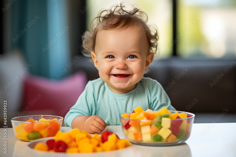 Close-up of a baby happily enjoying a colorful plate of nutrient-packed vegan and vegetarian baby food options 